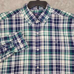 Vineyard Vines Wale Shirt Mens Large Blue Green Plaid Long Sleeve Cotton